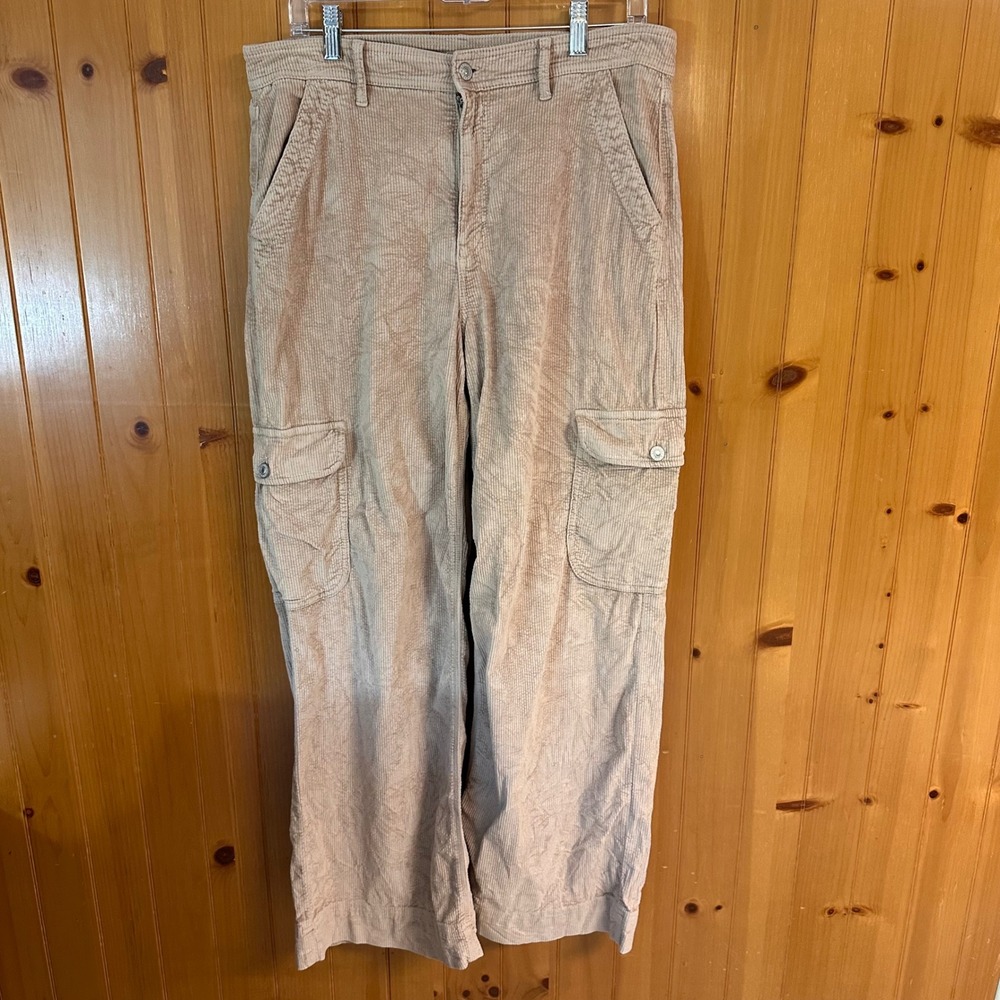 American Eagle Tan Corduroy Wide Leg Cargo Pants Streetwear 12 Regular Stretch